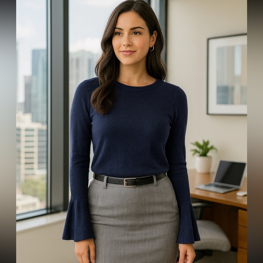 Halogen Womens Pullover Blue Bell Sleeve Stretch Size Small minimal style Work